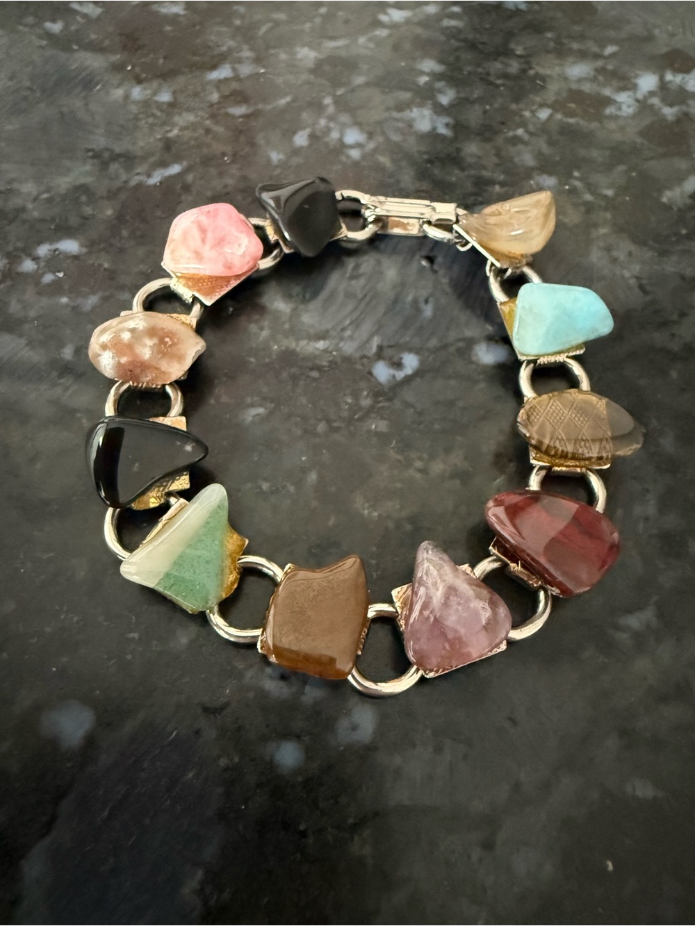 Multi Color Natural Stone Silver Link Bracelet 7” Chunky Earthy Boho Colorful